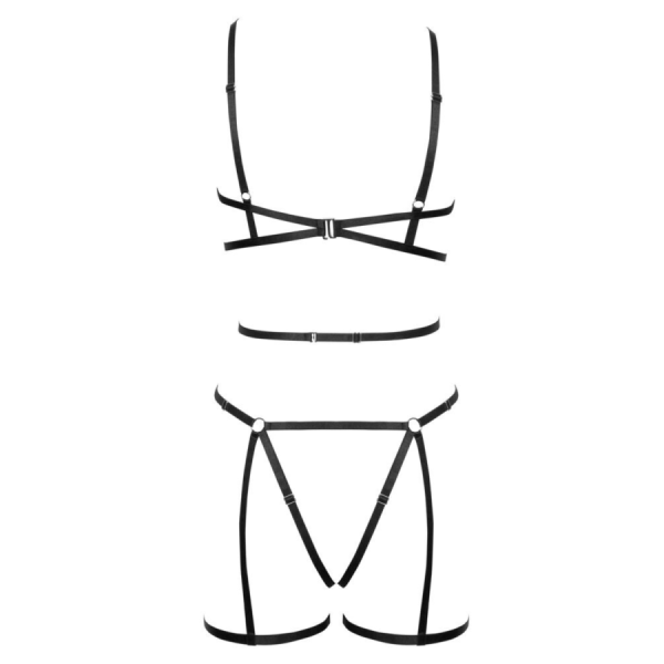 Ensemble 3 pièces soutien-gorge harnais, porte-jarretelles et string 